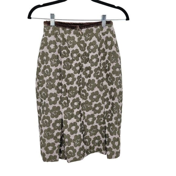 Etcetera Wool Silk Skirt Sz 0 Retro 60s Green Quilted Flower Kick Pleat Straight - Picture 2 of 8